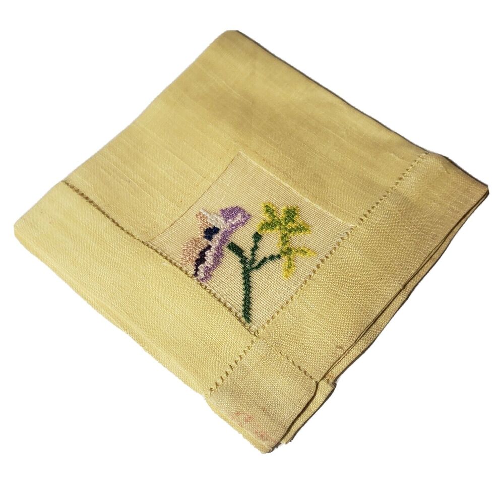 Vtg 1960'S Hankie Yellow Purple Flower Embroidered Cottage Pocket Scarf Grandma